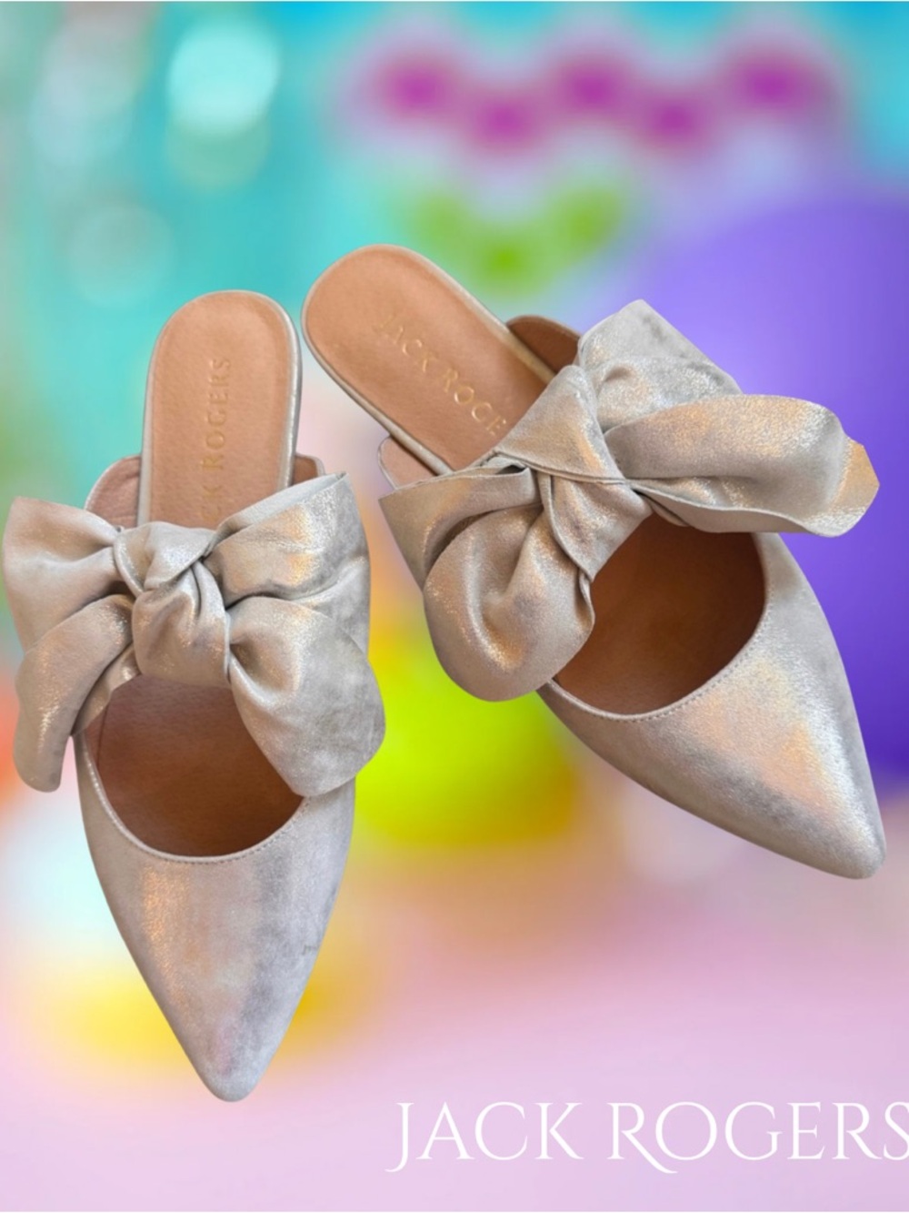 Jack Rogers Metallic Silver Pointed-Toe Bow Mules